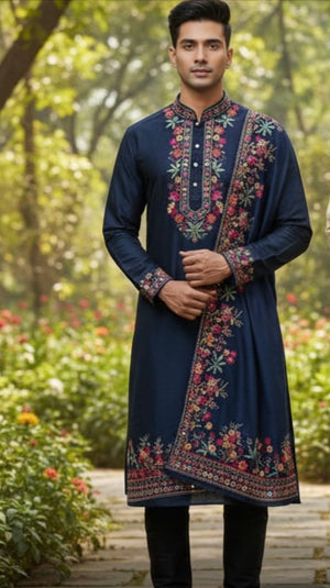 Graceful Navy Blue Embroidered Soft Silk Kurta Pajama Set for for Man, Festive Wedding Kurta Pajama with Dupatta , KP - 2035