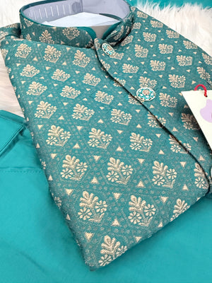 3 Piece Teal Blue Kurta Pajama Set with Jacquard Silk Jacket Set, Silk Blend Fabric with a Slight Sheen, Father & Son's Matching Option, DM - 4082