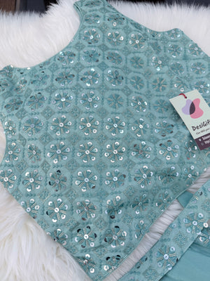 Girls Light Teal Blue Shade Saree Set with Sequins Blouse, Ready to Wear Indian Outfit, GRL-2089