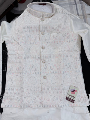 Elegant Men’s 3-Piece Kurta Pajama with Embroidered Sequins Jacket, Ivory Cream Satin Silk Blend Ethnic Wear for Wedding & Festive, KPJ-3062