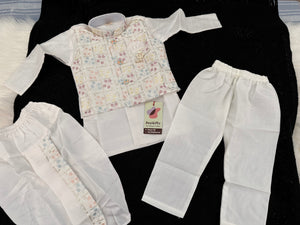 White Shade 4 Piece Boy's Cotton  Silk Ethnic Kurta with  Embroidery Jacket, Dhoti and Pajama- Design B-2020