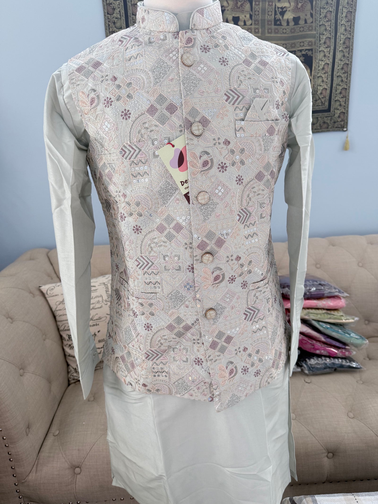 Men’s Pale Sage Green 3-Piece Kurta Pajama with Premium Embroidered Jacket, Wedding & Festive Ethnic Wear, KPJ-3078