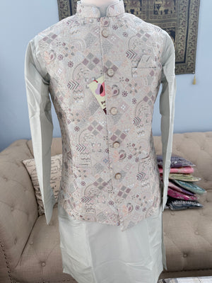 Men’s Pale Sage Green 3-Piece Kurta Pajama with Premium Embroidered Jacket, Wedding & Festive Ethnic Wear, KPJ-3078