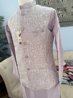 Men’s Pastel Purple 3-Piece Kurta Pajama with Heavy Embroidered Jacket, Wedding & Festive Ethnic Wear, KPJ-3079