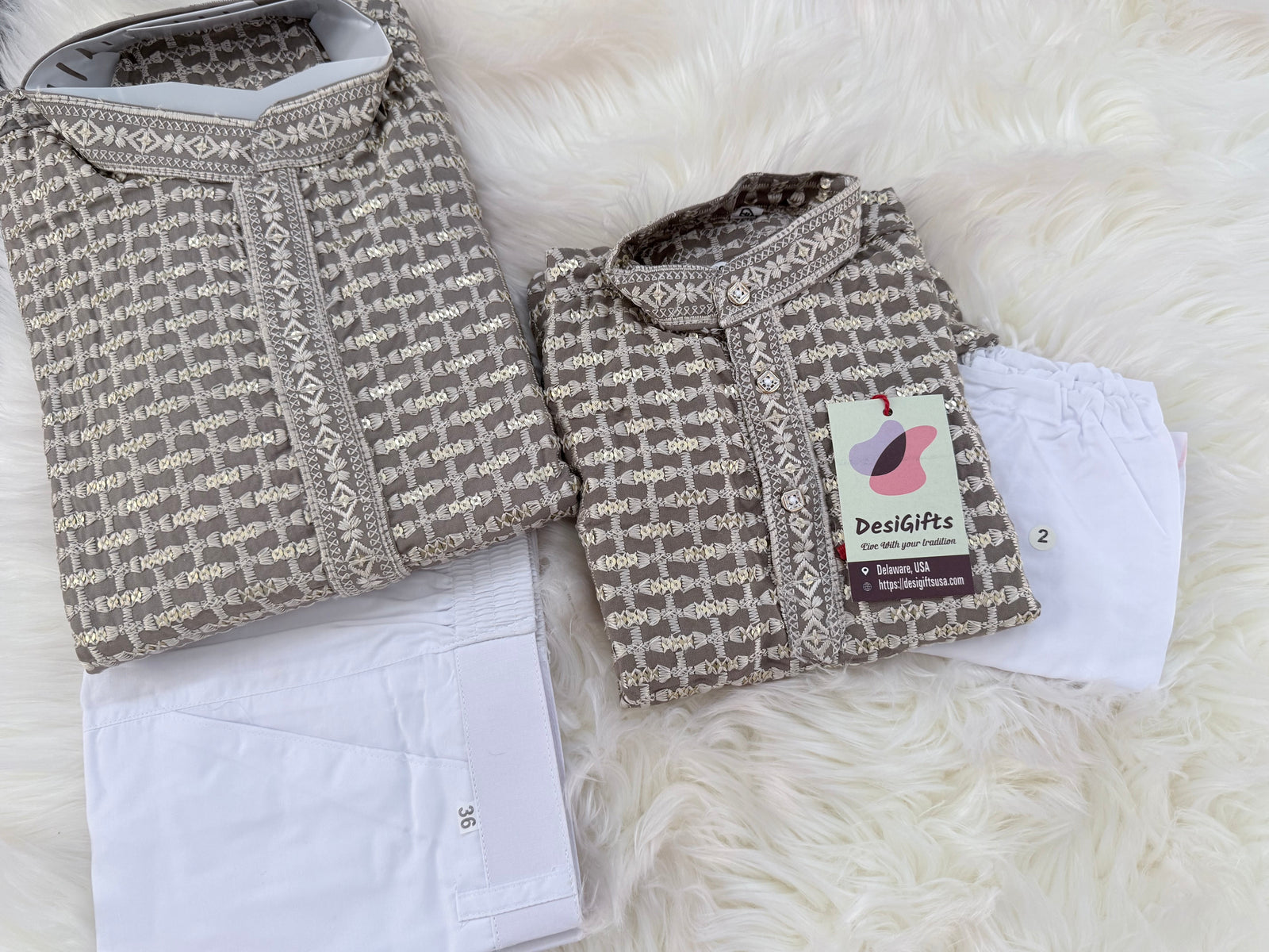 Mocha Shade Chikankari Rayon with Sequins 2 Piece Kurta with Trouser Style Pajama Set, Father & Son's Outfit, DM -2009