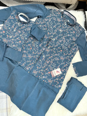 3 Piece Dusty Navy Blue Kurta Pajama with Embroidery Jacket Set, Silk Blend Fabric with a Slight Sheen., Father & Son's Outfit, DM - 3022