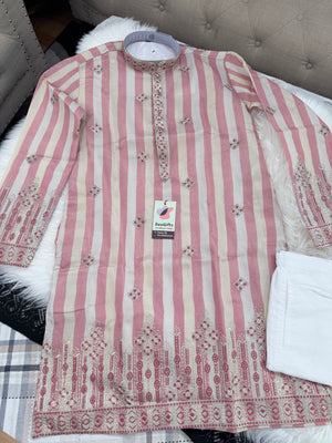 Men’s Dusty Rose Pink & Ivory Striped Embroidered Kurta Pajama Set | Wedding & Festive Indian Ethnic Wear, KP - 4038