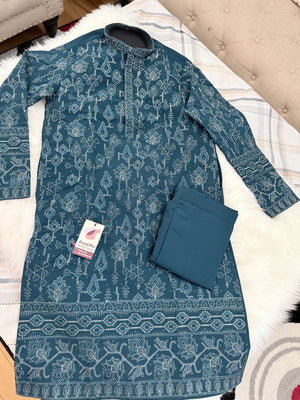 Men’s Deep Teal Blue with Silver Embroidered Kurta Pajama Set with Sequin Accents | Chikankari-Style Wedding & Festive Indian Outfit, KP- 3060