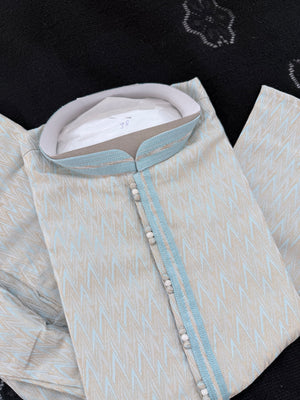 Pastel Blue with Beige accents Jacquard Silk Kurta Pajama Set | Festive Kurta Pant Style Pajama, Man -3057