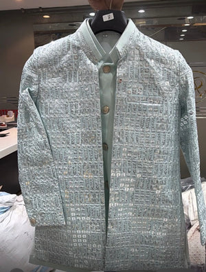 Boy's GreenSky blue Shade Cotton Silk 3 Piece Indo Western Outfit,  Embroidered  Sequins Long Jacket with Pant , Boy's Sherwani Dress - B-3052