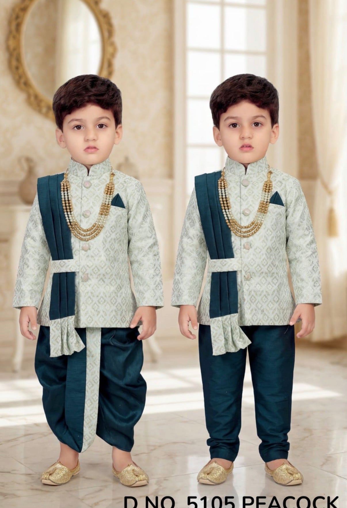 Boys 3 Piece Peacock Green Silk Blend Indian Dress Set with Sparkly Jacket, Dhoti & Pajama – Ethnic Wedding and Festive Outfit B-2022