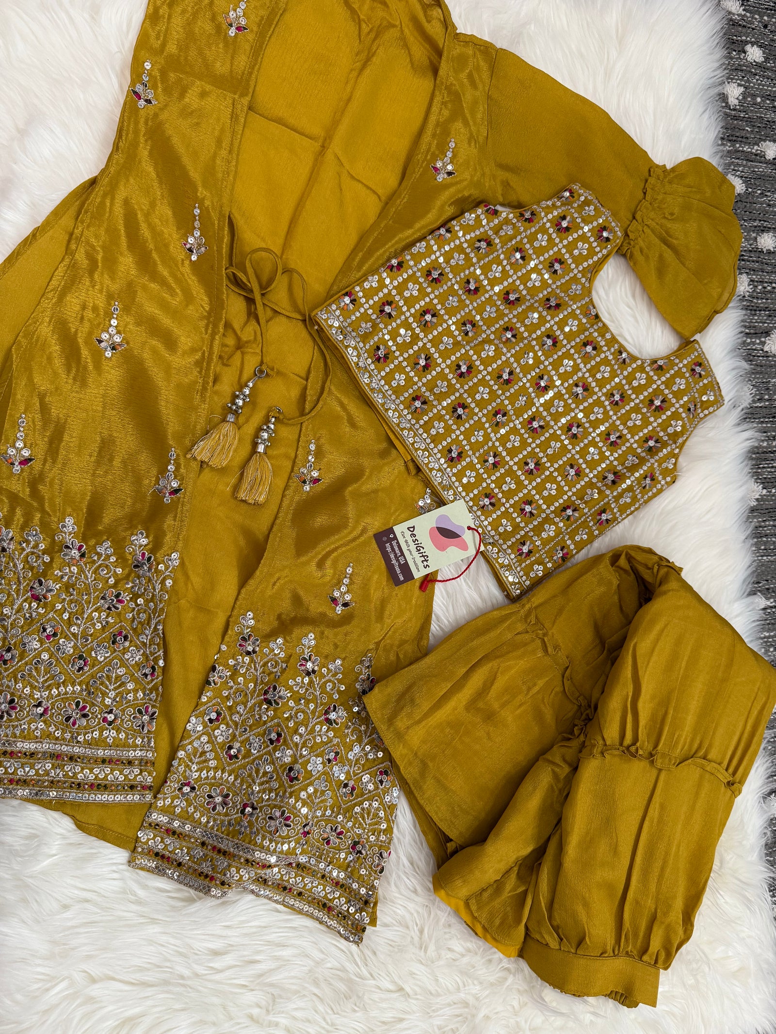 Elegant Lehnga Choli with Long Jacket, Indian traditional festive outfit for Princess in yellow Shade, Girl Design GRL - 1571