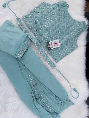 Girls Light Teal Blue Shade Saree Set with Sequins Blouse, Ready to Wear Indian Outfit, GRL-2089
