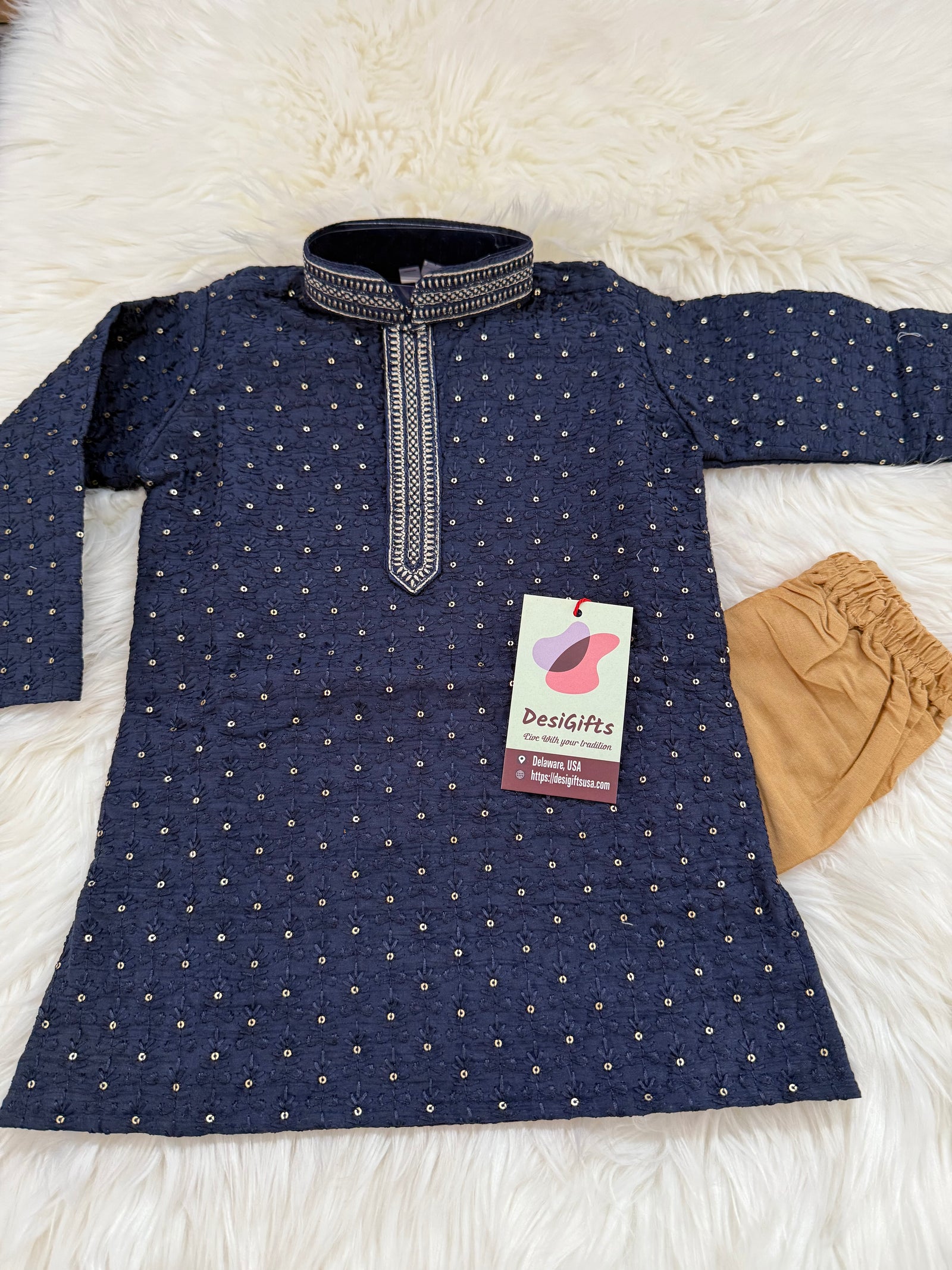 Boy's Navy Shade Cotton Silk Kurta with Cotton Linen and Pajama Set, Indian Kurta Pajama set for Boys- BOY-1778