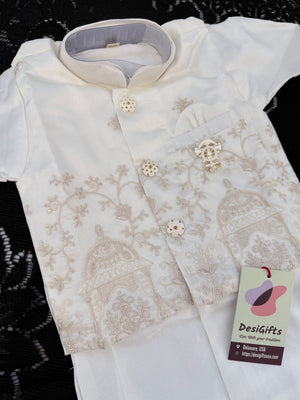 Boys Ivory Cream Kurta Pajama Set with Floral Embroidery Jacket | Dhoti and Pajama | Indian Wedding Festive Ethnic Wear for Kids, B-4058