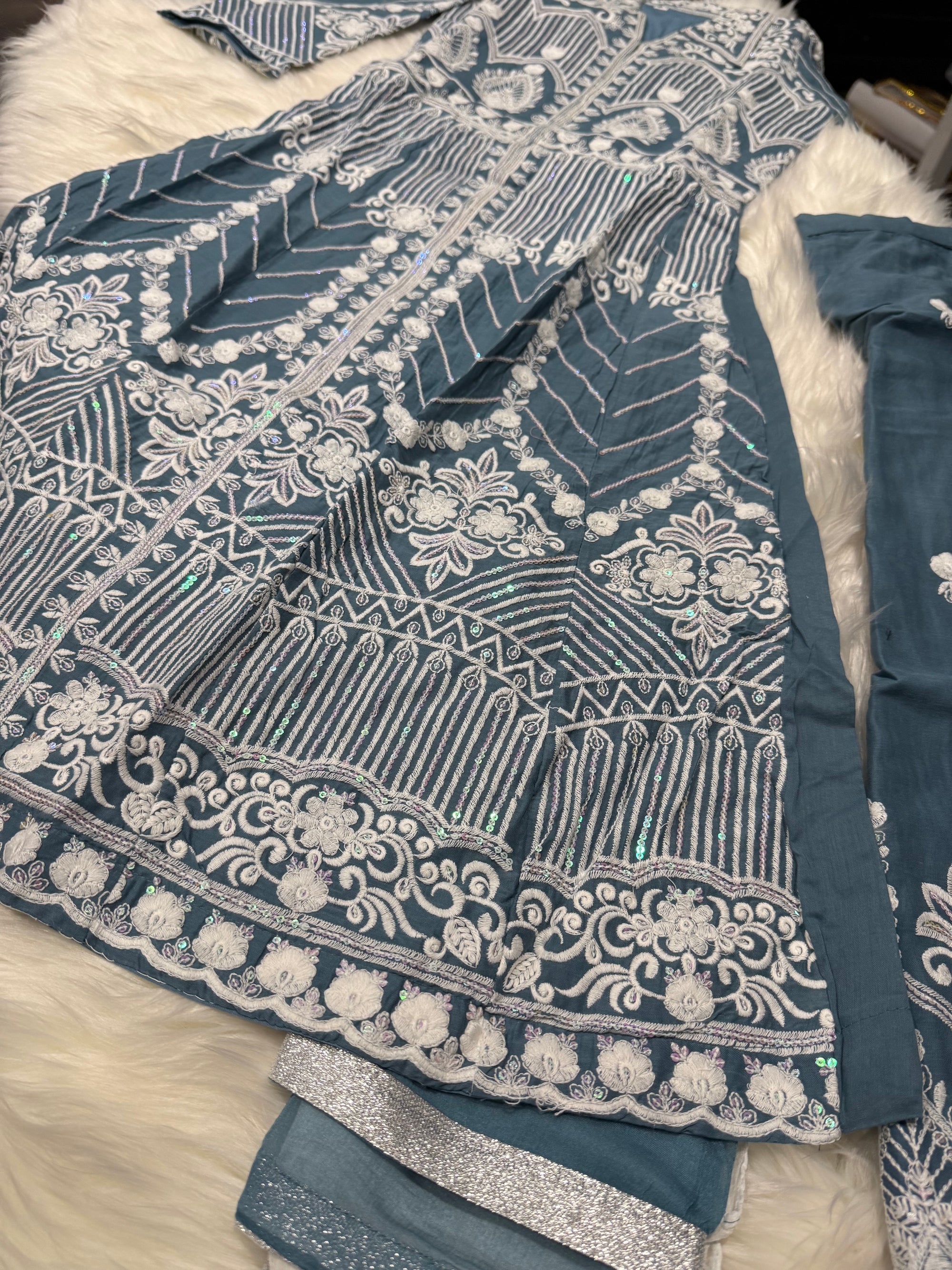 Heavy Chikankari Embroidery 3-Piece Indian Outfit for Girls – Trendy Ethnic Style, Design G- 1942