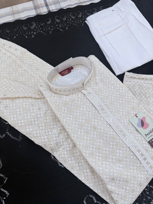 Ivory Cream Embroidered with Sequins Kurta Pajama for Men | Traditional Indian Threadwork Ethnic Outfit, KP - 3023