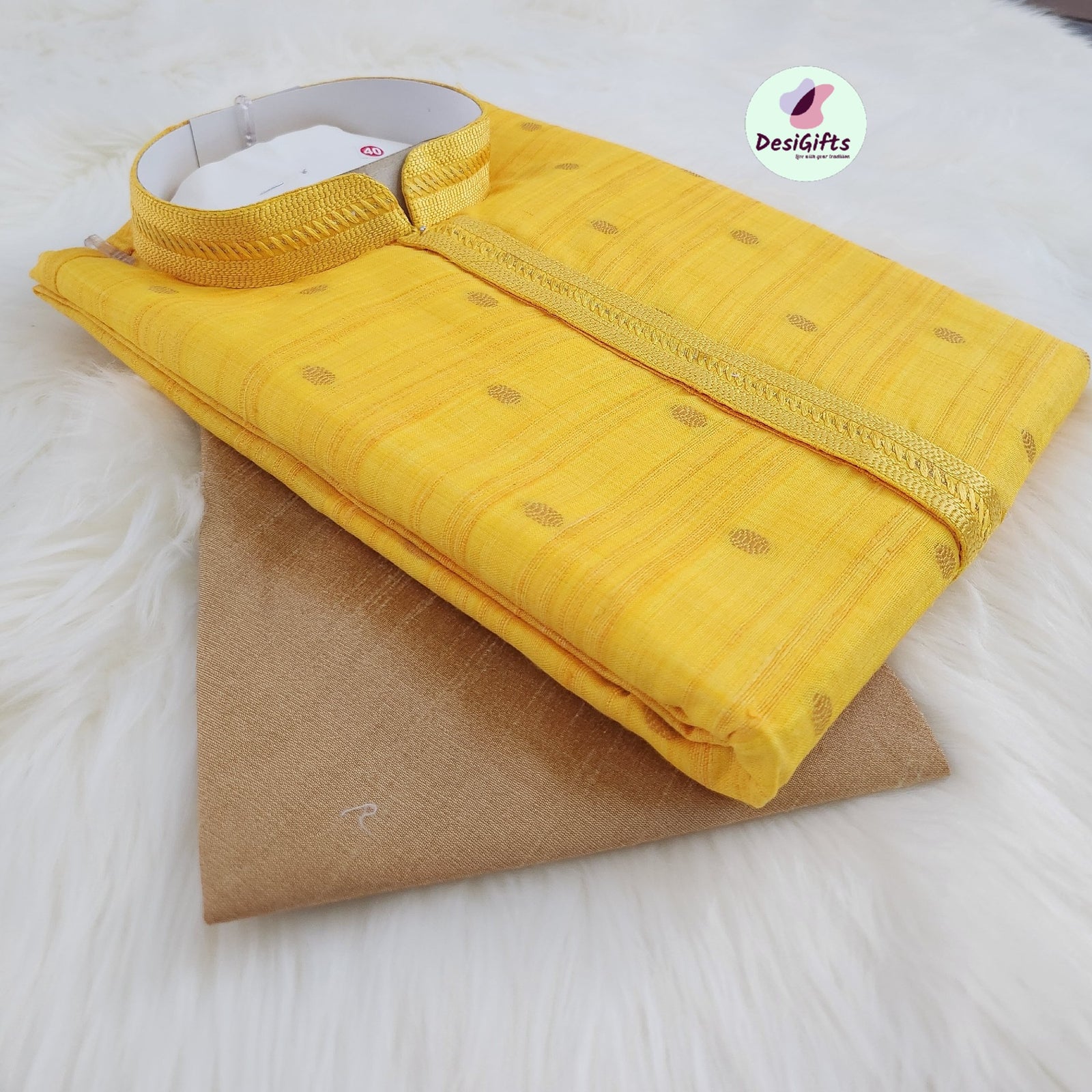 Self Woven Yellow and Gray Shade Kurta Pajama Set-Cotton Silk Design KPS- 1036 on