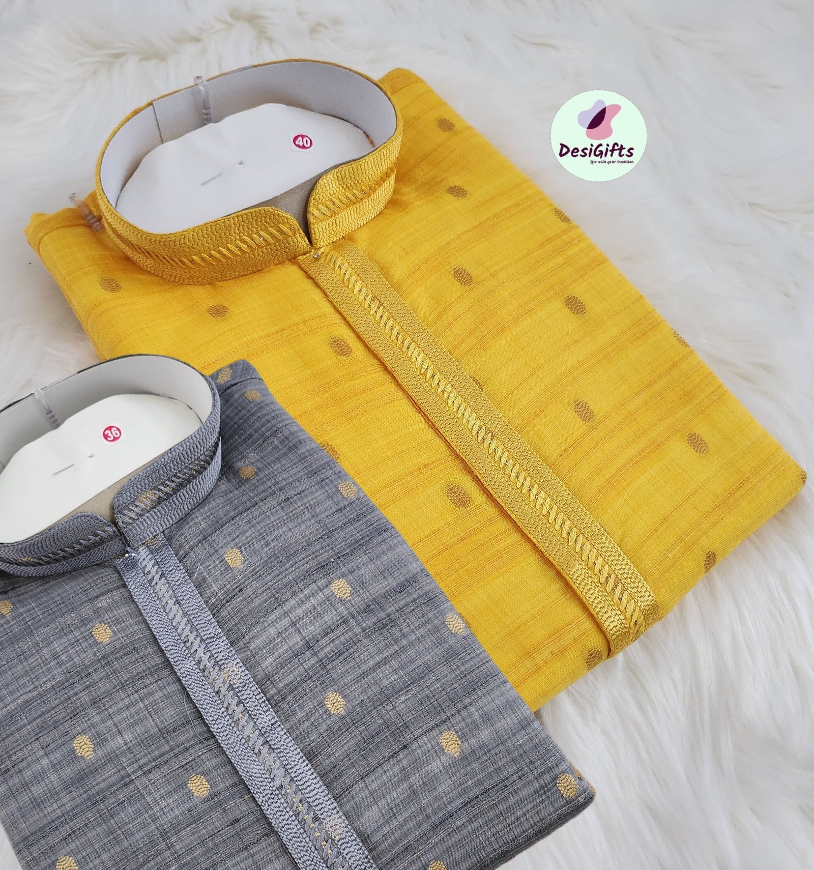 Self Woven Yellow and Gray Shade Kurta Pajama Set-Cotton Silk Design KPS- 1036 on