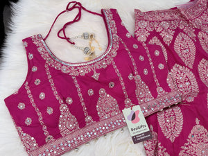 Women’s Designer Lehenga Choli Set with Dupatta | Navy Blue & Rani Pink Silver Zari Jacquard Silk Lehenga | Wedding & Festive Wear, LHG-4021