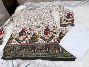 Men’s Off white/Cream Gujarati Garba Print Kurta Pajama Set | Traditional Navratri Festive Wear – Design 3066