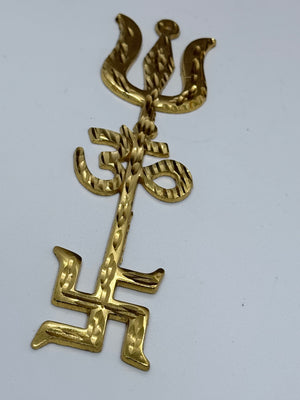 6" Golden Trishul Om Swastik Wall Hanging – Spiritual Metal Décor for Home & Temple, S5M-3047