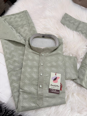 Father & Son Matching option in Dusty Sage Green Kurta Pajama Set | Geometric Jacquard Kurta with Pants | Indian Wedding & Festive Wear, DM-4030