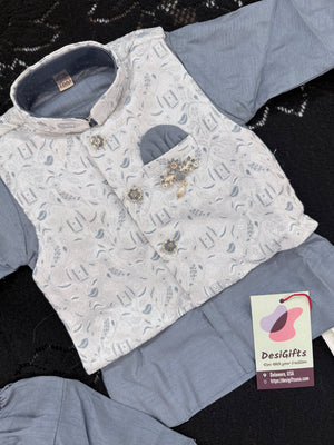 Kids Gray Kurta Dhoti and Pajama Set with offwhite Jacket, Boys Ethnic Wear, Festive Wedding Outfit B-2021