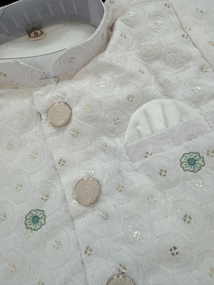 Boys 3 Piece White Silk Blend Indian Dress Set with Sherwani Kurta, Dhoti & Pajama – Ethnic Wedding and Festive Outfit B-2023