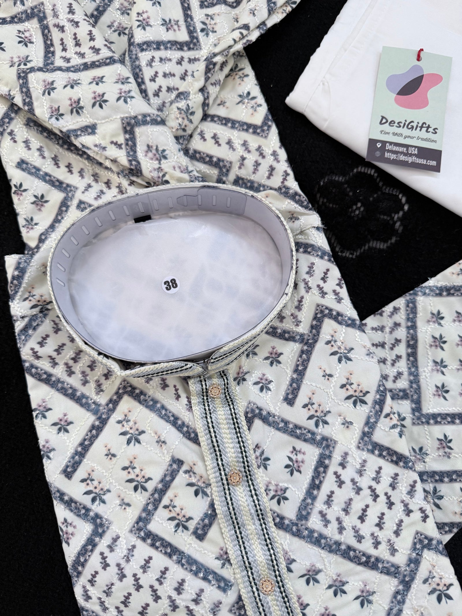 Men’s Kurta Pajama Set – Premium Viscose Rayon with Embroidery, Cream with Blue Geometric Pattern & Sequin Detailing| KPS-3031