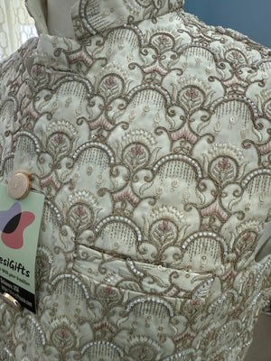 Classy Cream Jacket for Men, Intricately Embroidered Indian Waistcoat, Sadri with Sequins, Wedding Jacket, J - 1927
