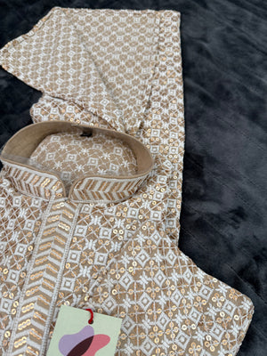 Beige Shade Men's kurta pajama set with embroidery and sequins. Two-piece Indian traditional outfit for special occasions., KP - 1937