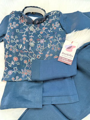 3 Piece Dusty Navy Blue Kurta Pajama with Embroidery Jacket Set, Silk Blend Fabric with a Slight Sheen., Father & Son's Outfit, DM - 3022