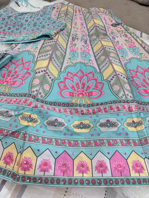 Aqua Blue & Pink Lehenga Choli Set with Dupatta – Digital Floral Print, Mirror-Style Sequin Work, Indian Wedding Festive Wear, LHG - 4010