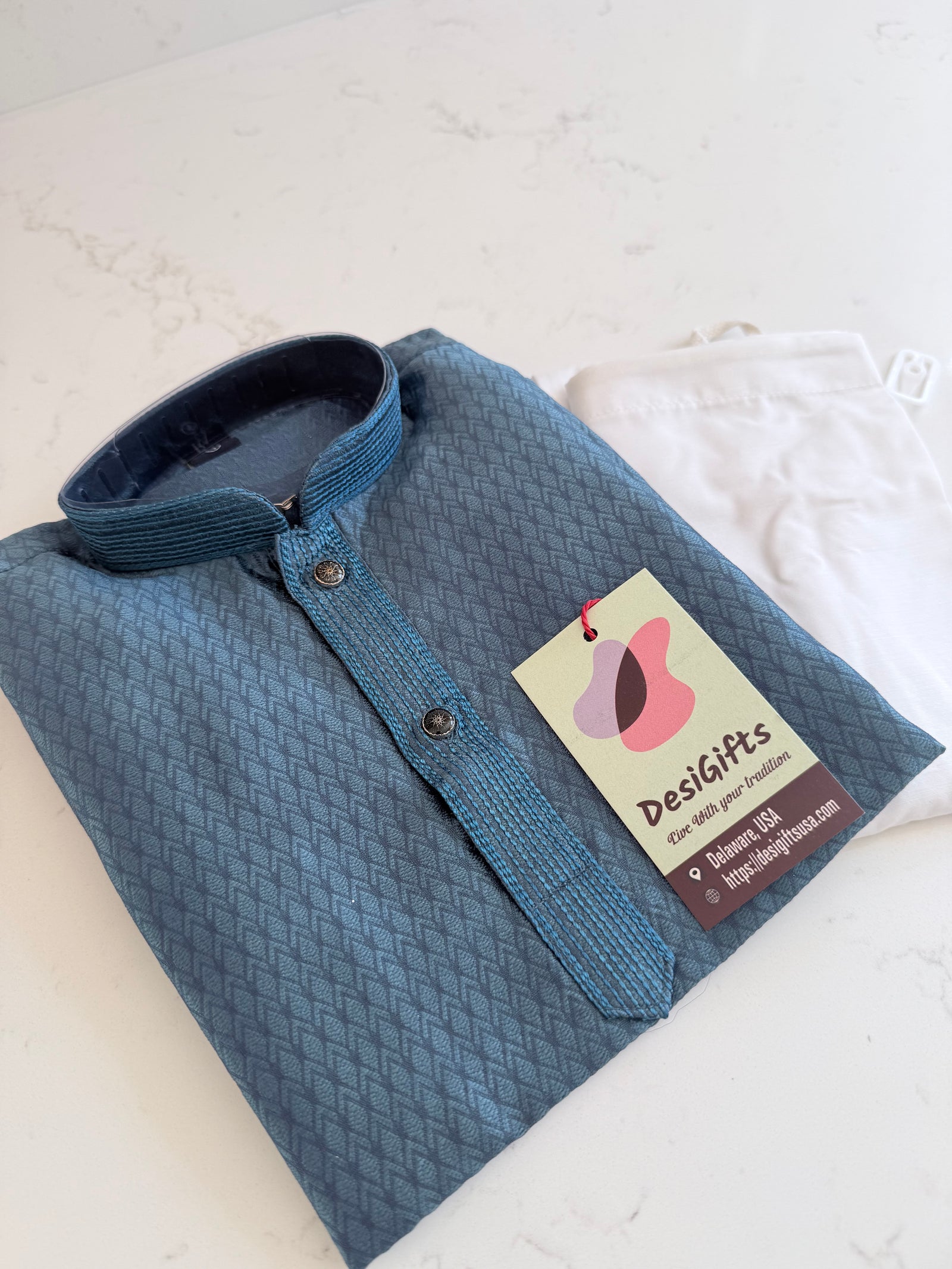 Blue Shade Boy's Cotton Silk Self Design Kurta Pajama - Design BOY-2003