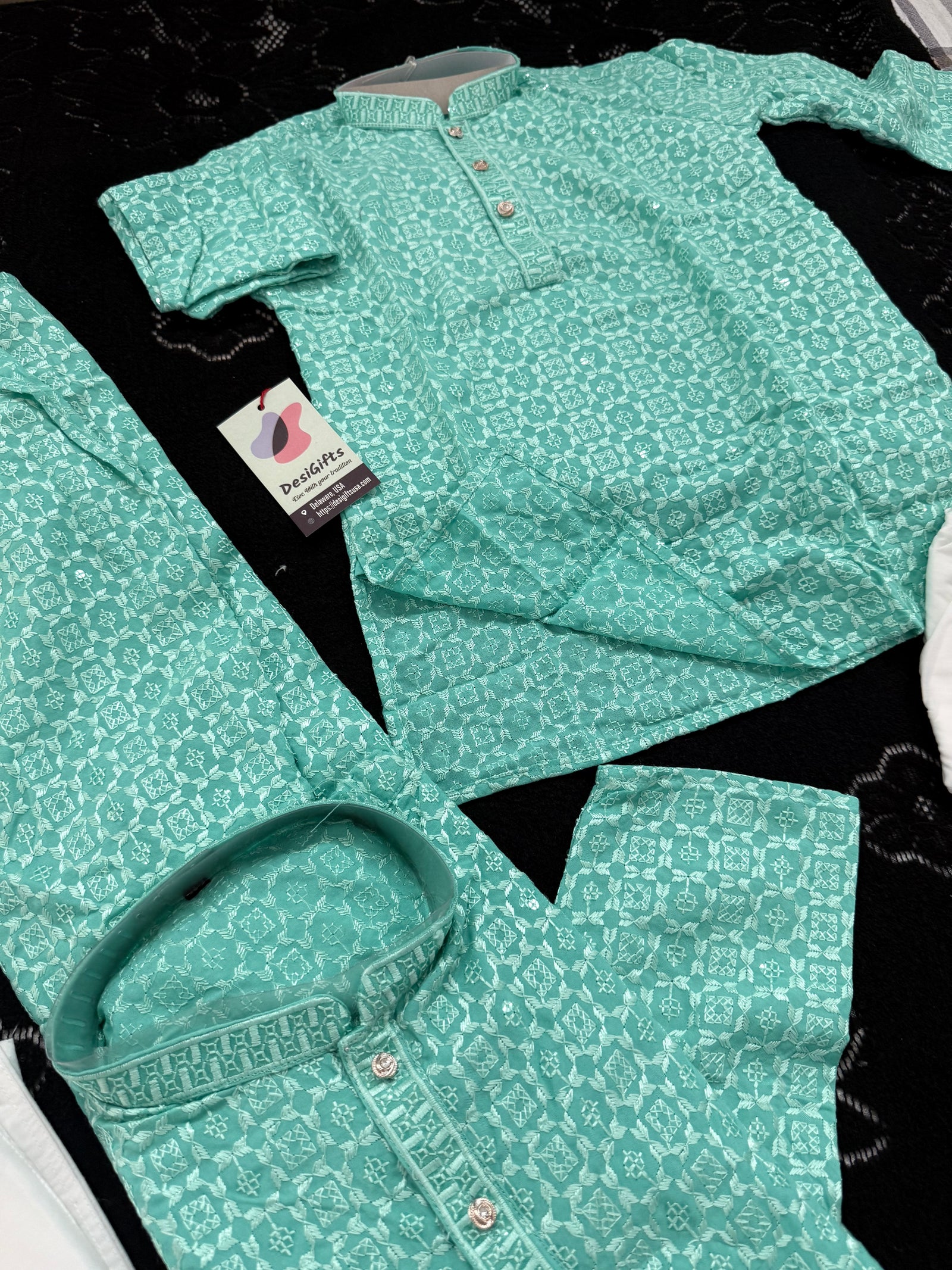 Men & Boys Turquoise Teal Rayon Chikankari with Sequins Kurta Pajama Set | Matching Father Son Option Festive Outfit with Sequin Work, DM -1423