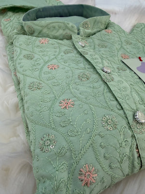 Pre-Teen and Teen Boy's Chikankari Embroidered Rayon Kurta Pajama with Sequins , Green Shade, - BOY-2001