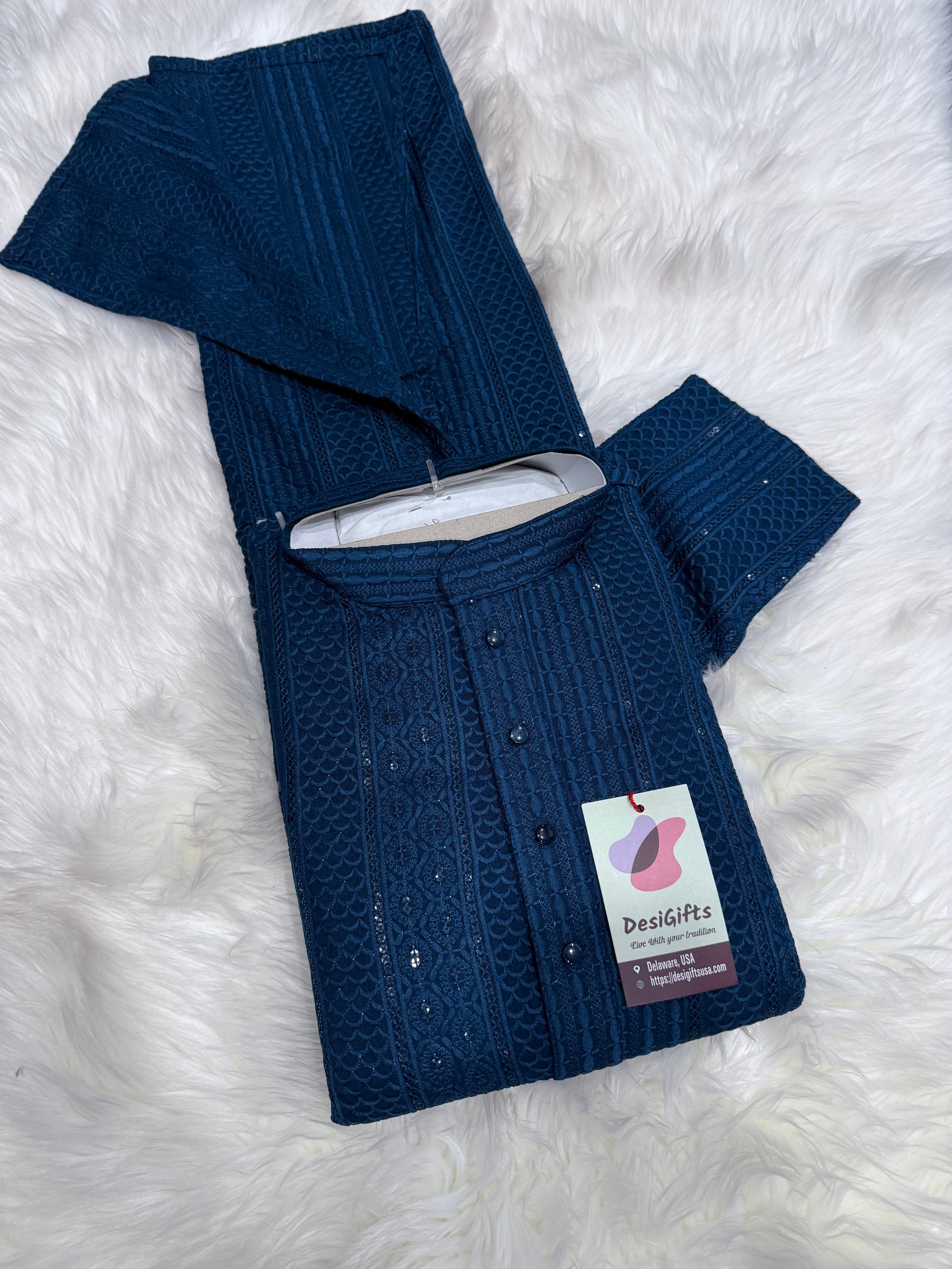 Exquisite Chikankari Sequins 2 Piece Kurta Pajama Set for Man, Teal Blue Shade, Embroidered Party Man's Wear, KP - 1941