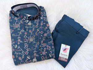 3 Piece Dusty Navy Blue Kurta Pajama with Embroidery Jacket Set, Silk Blend Fabric with a Slight Sheen., Father & Son's Outfit, DM - 3022