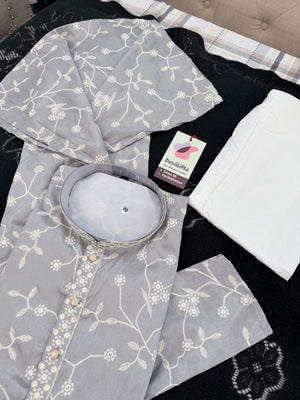 Men’s Light Gray Embroidered Kurta Pajama Set with with White Floral Embroidery, Sequins Work, Indian Ethnic Wear, KPS-3008