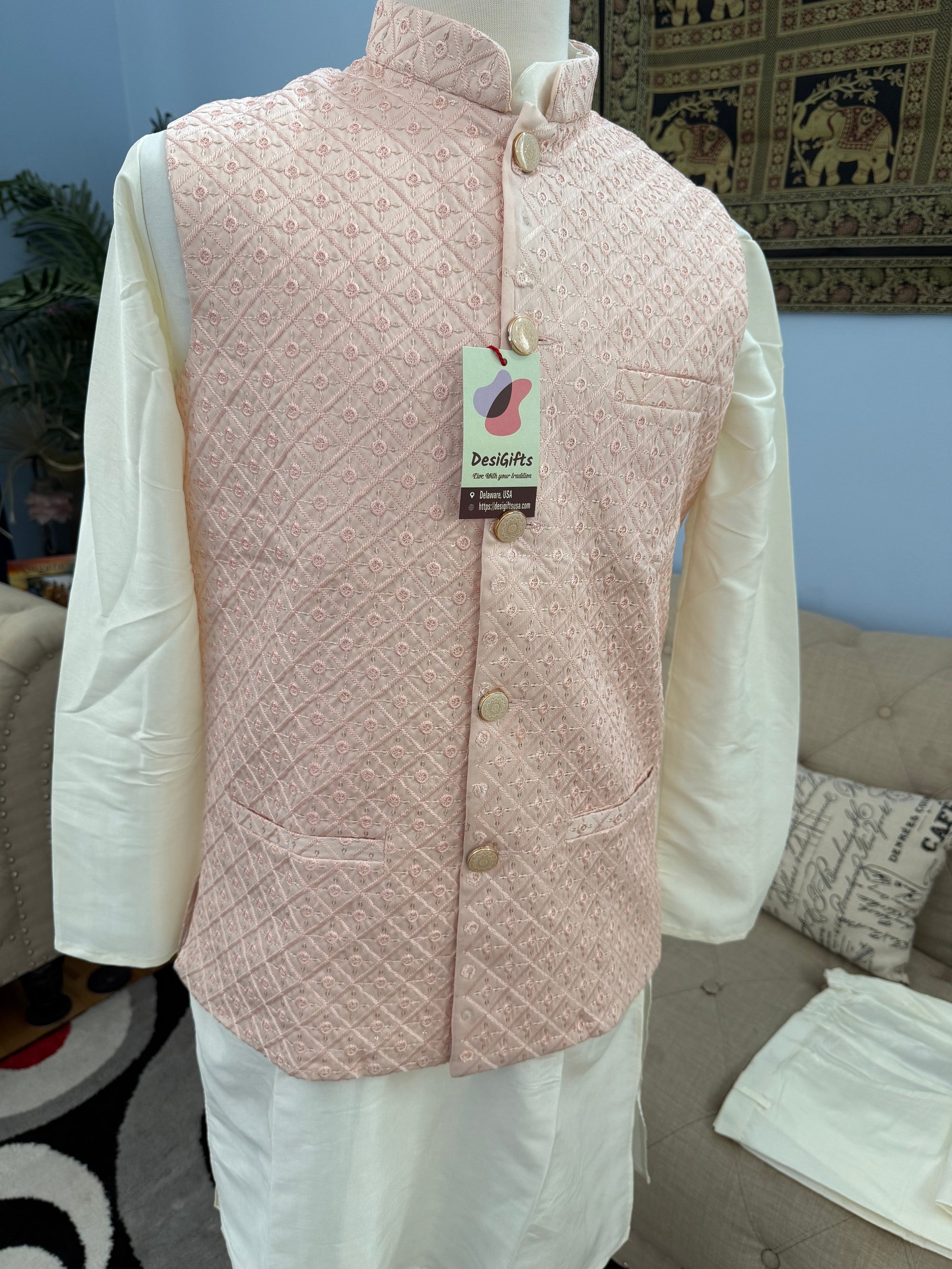 3 Piece Cream Kurta Pajama, Pant Style, with Peach Shade Embroidered Sequins Jacket Set-Silk Fabric, JKP- 1925