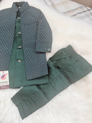 Boy's Pine Green Shade Cotton Silk 3 Piece Indo Western Outfit,  Embroidered  Sequins Long Jacket with Pant , Boy's Sherwani Dress - B-3051