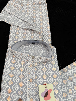 Gray Shade Men's Kurta Pajama set with Embroidery and Sequins. Two-piece Indian traditional outfit., KP - 2026