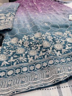 Men’s Purple to Teal Ombre Embroidered Kurta Pajama Set |Wedding & Festive Indian Ethnic Wear, KP - 4041