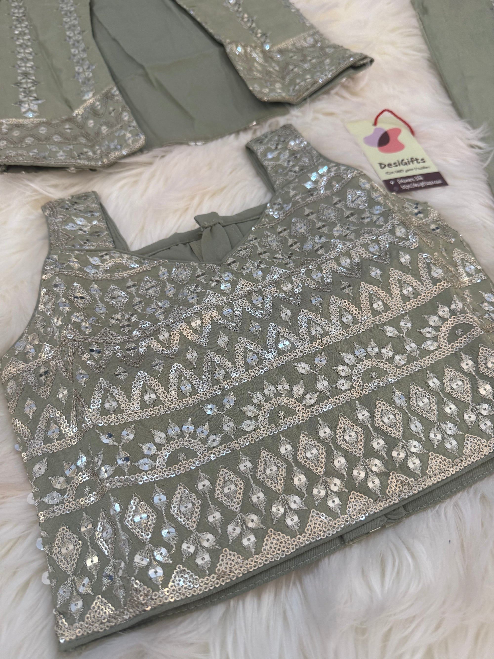 Classy Sequins Work Top with Jacket, Pant Style Set for Girl in Pista Green Shade, Indian traditional Girl Dress, GRL - 1894