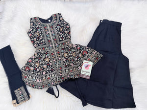 Baby Girls’ Designer Embroidered Palazzo Set in Navy Blue & Wine, Festive Indian Ethnic Palazzo Outfit with Dupatta, Partywear Dress for Kids, GRL-2090
