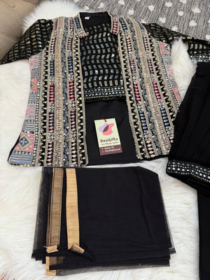 Embroidered Sequins Top with Jacket and Palazzo Set for Girl in Black Shade, Indian Traditional Girl Dress, GRL - 1563