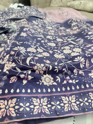 Women’s Navy Blue & Dusty Pink Lehenga Choli Set with Dupatta – Digital Floral Print, Mirror-Style Sequin Work, Indian Wedding Festive Wear, LHG - 4009