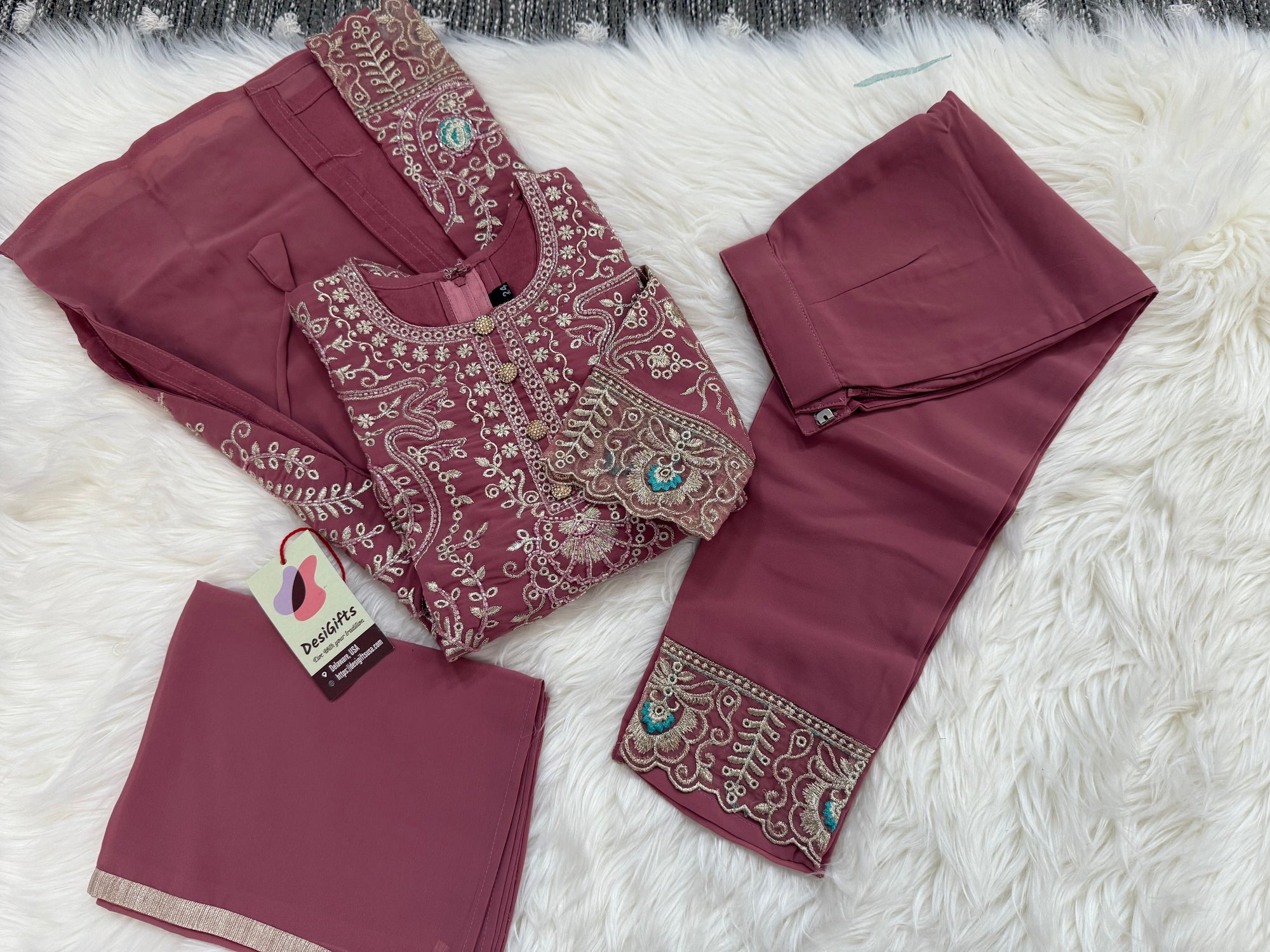 Elegant 3 Piece Kurti Set with Exquisitely Embroidered Girl's Dress, Newborn to Grown up, Design G-1552