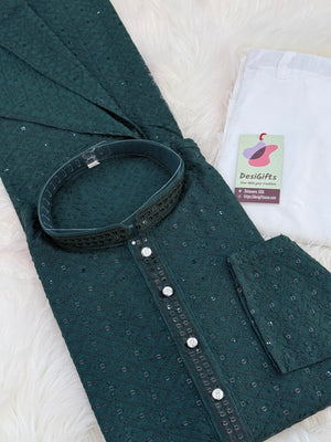 Green Shade Chikankari Embroidery with Sequins 2 Piece Viscose Rayon Kurta Pajama Set, Indian Partywear Kurta SetKP-1978